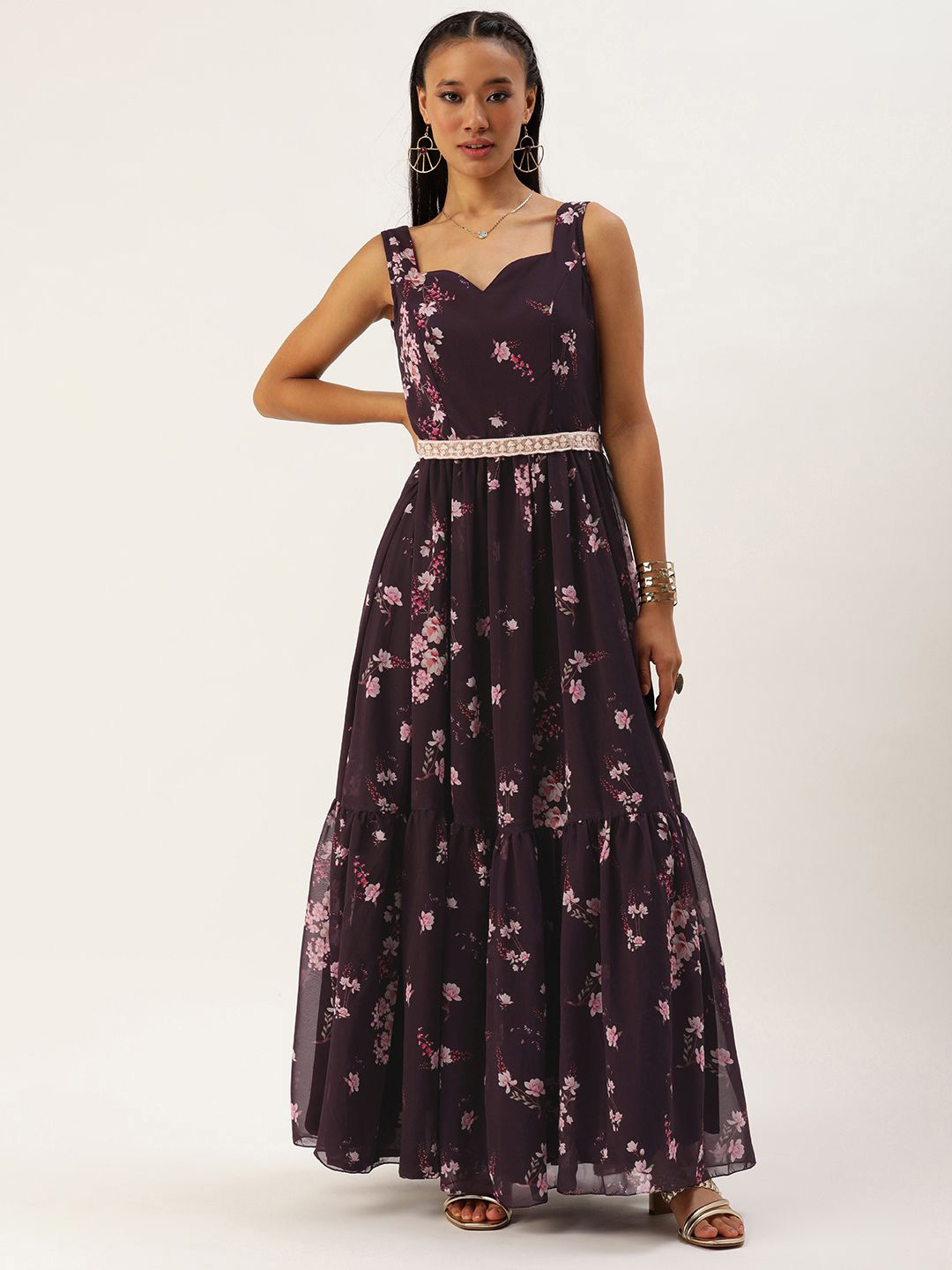 

Ethnovog Floral Printed Sweetheart Neck Georgette Tiered Maxi Dress, Purple