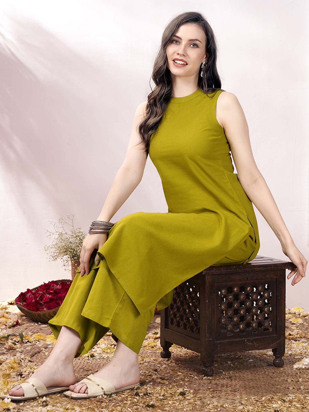 

Anouk Pure Cotton Sleeveless Tunic & Trouser Co-Ords, Lime green