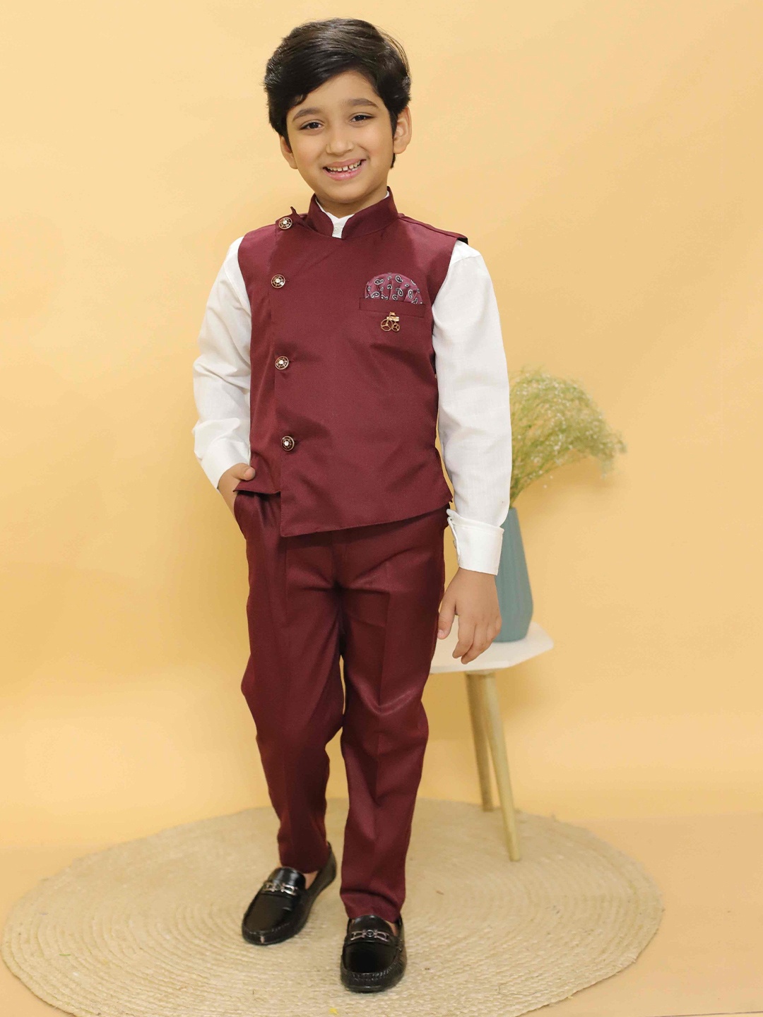 

ALLES MARCHE Boys Set Of 3 Double Breasted Bandhgala Suit, Burgundy