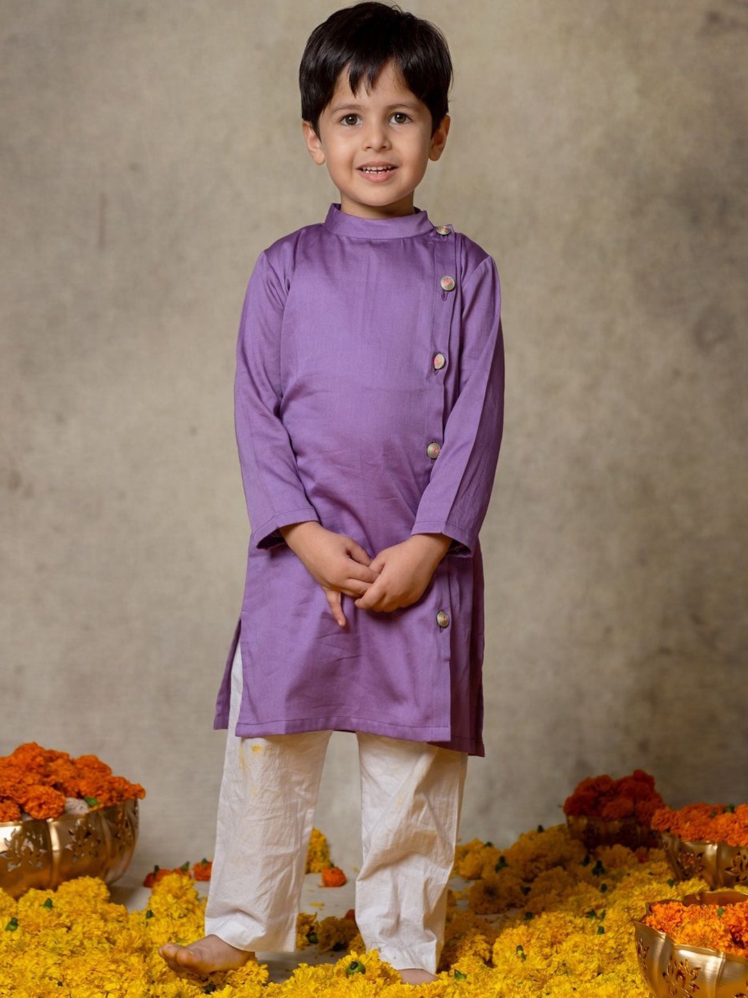 

Vivedkids Boys Mandarin Collar Pure Cotton Straight Kurta with Pyjamas, Lavender
