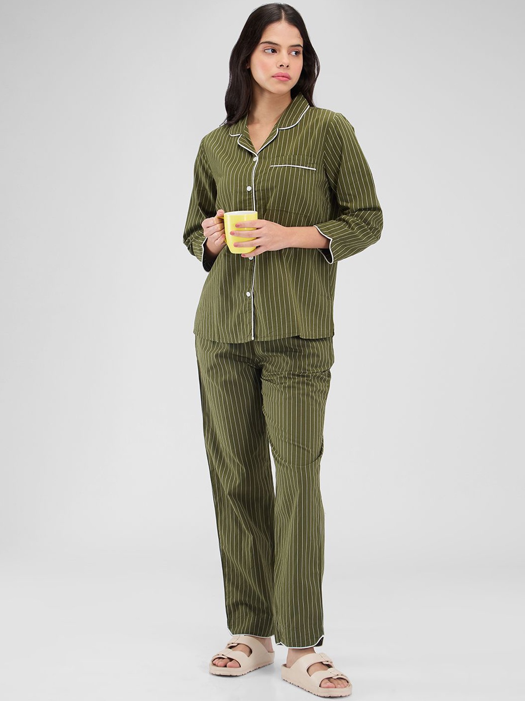 

Mystere Paris Women Striped Night suit, Olive