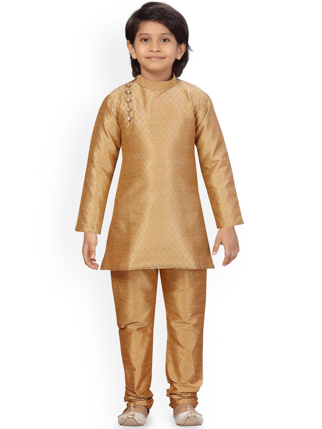 

BAESD Boys Woven Design Angrakha Mandarin Collar Cotton Straight Zari Kurta With Churidar, Beige