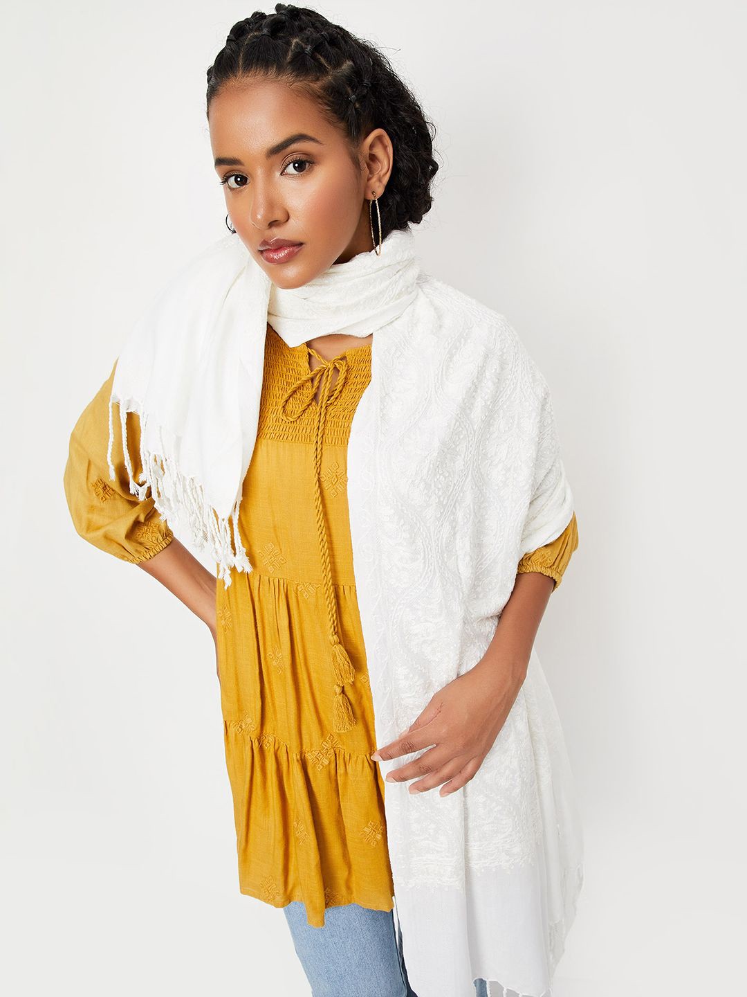 

max Women Floral Embroidered Shawl, Off white