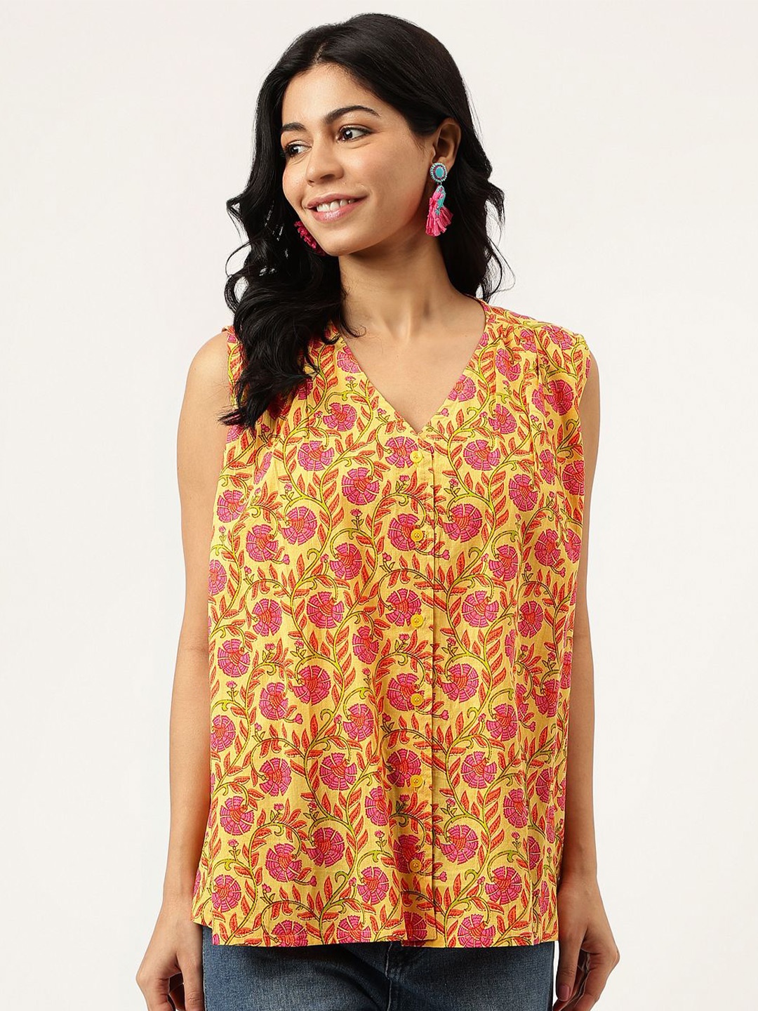 

SPARSA Women Floral Printed V-Neck Cotton Top, Yellow
