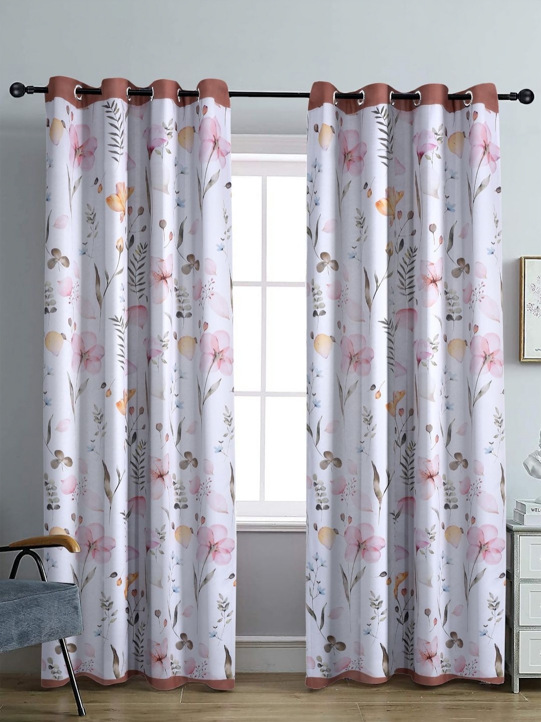 

Aura White & Pink Set of 2 Floral Black Out Door Curtain