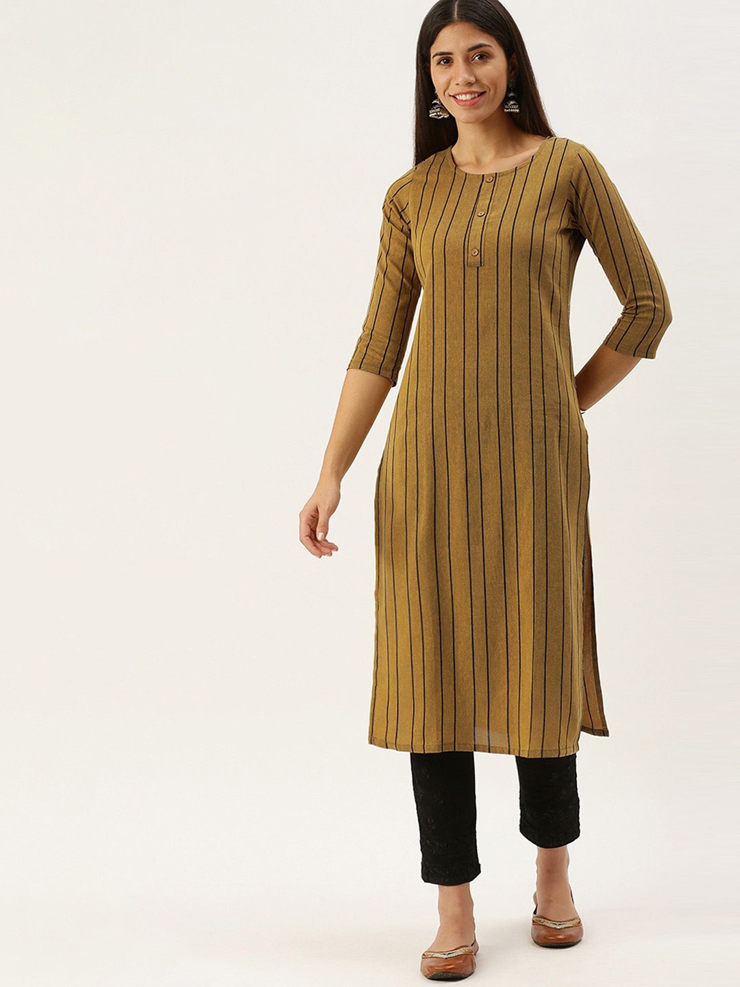 

HRITIKA Women Striped Thread Work Kurta, Mustard