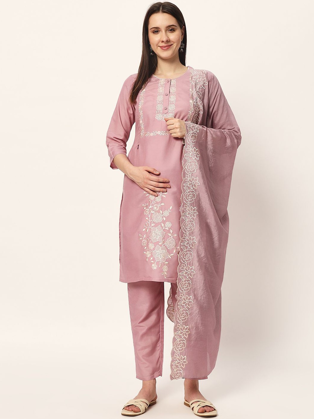 

mumzhug Women Floral Embroidered Regular Thread Work Pure Cotton Kurta with Trousers & With Dupatta, Mauve