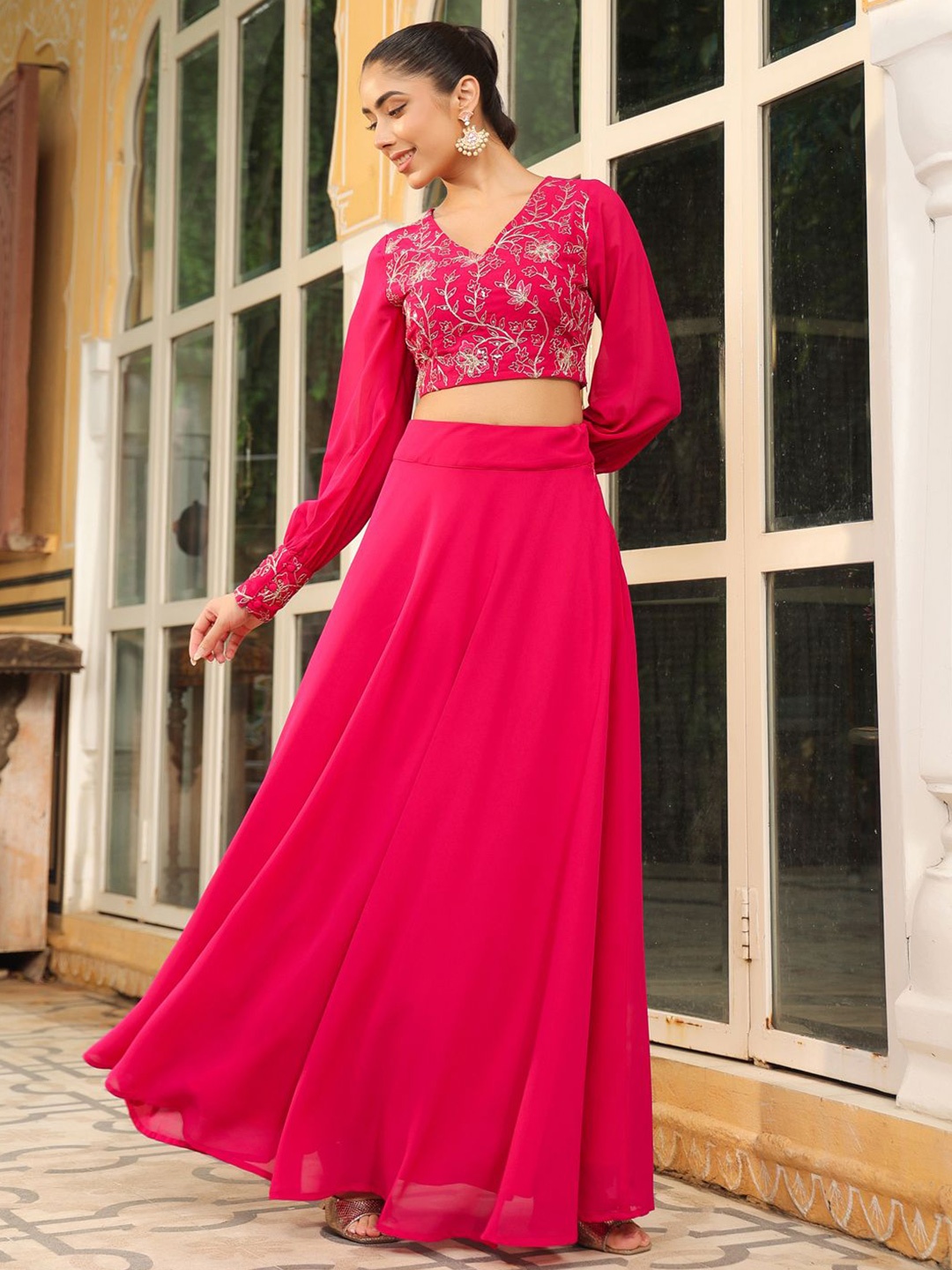 

Janasya Embroidered Top With Skirt Co-Ords, Pink