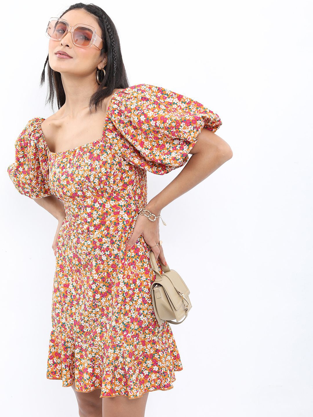 

Tokyo Talkies Floral Print Puff Sleeve A-Line Dress, Mustard