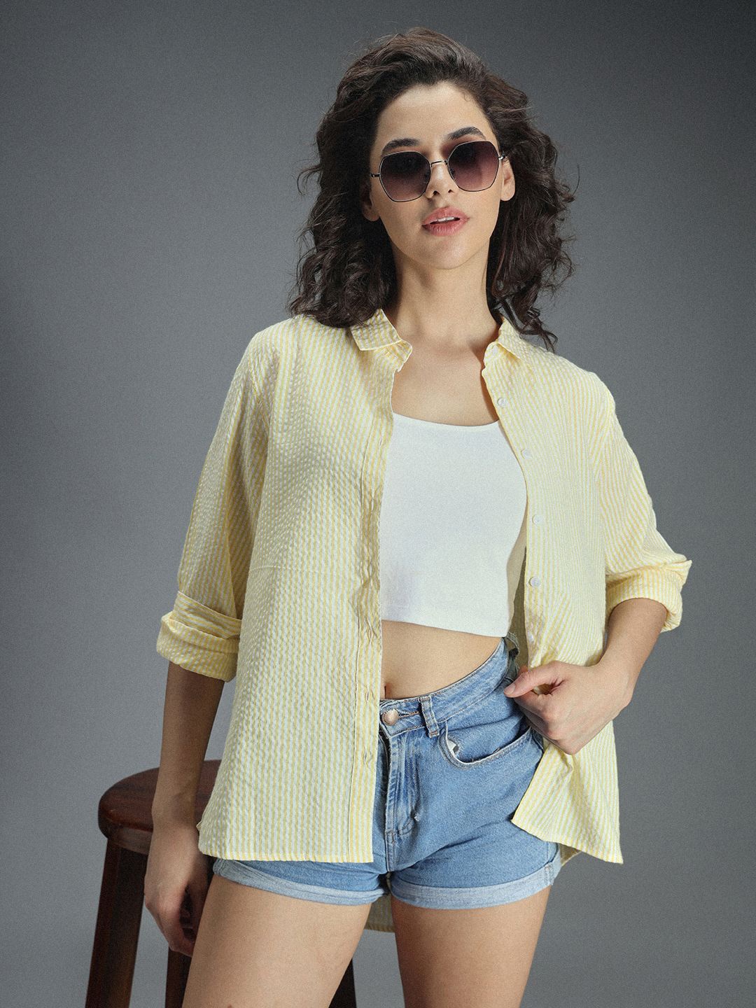 

High Star Women Spread Collar Striped Cotton Oversized Casual Shirt, Yellow