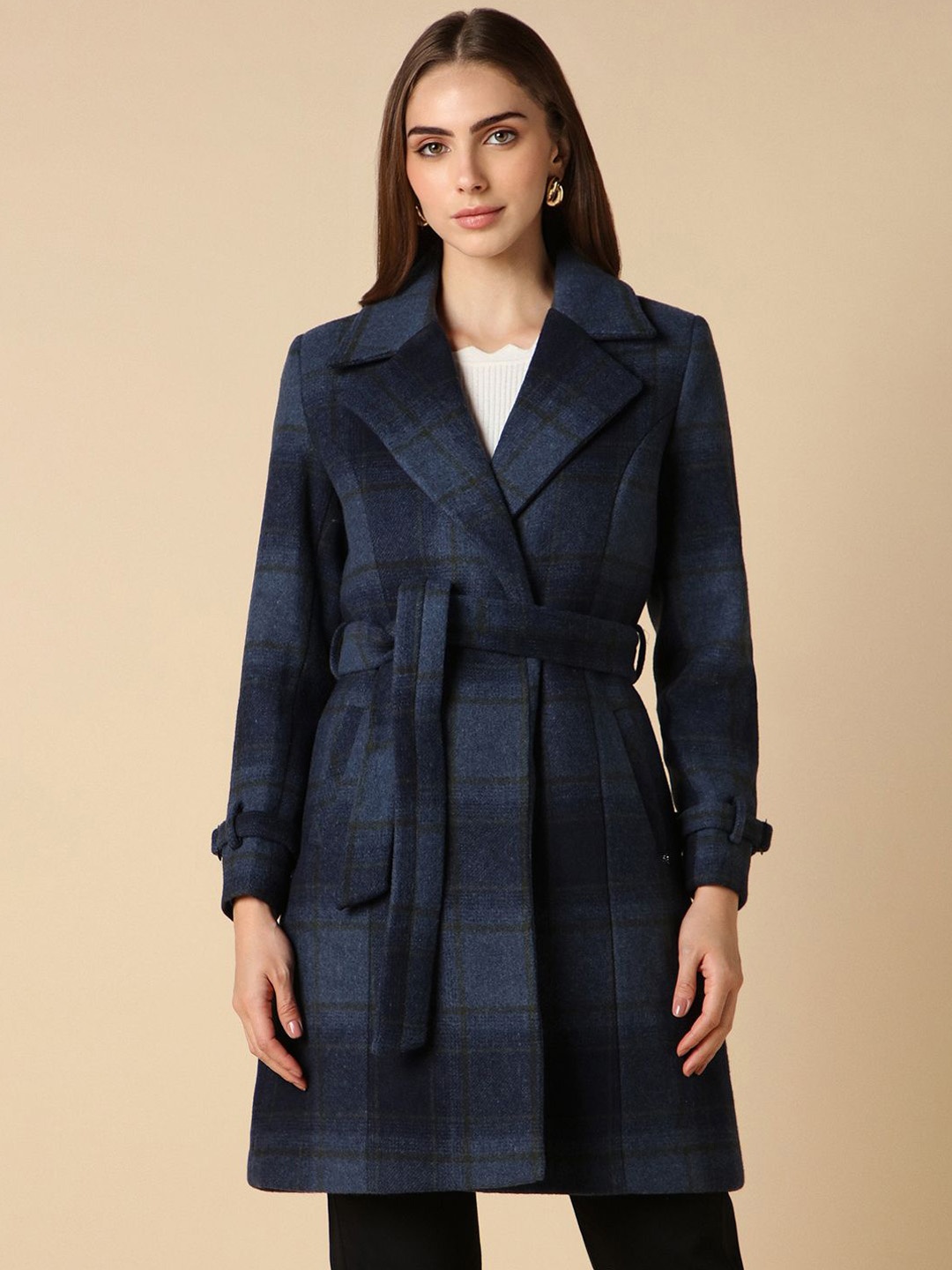 

Allen Solly Woman Women Checked Longline Tailored Jacket, Navy blue