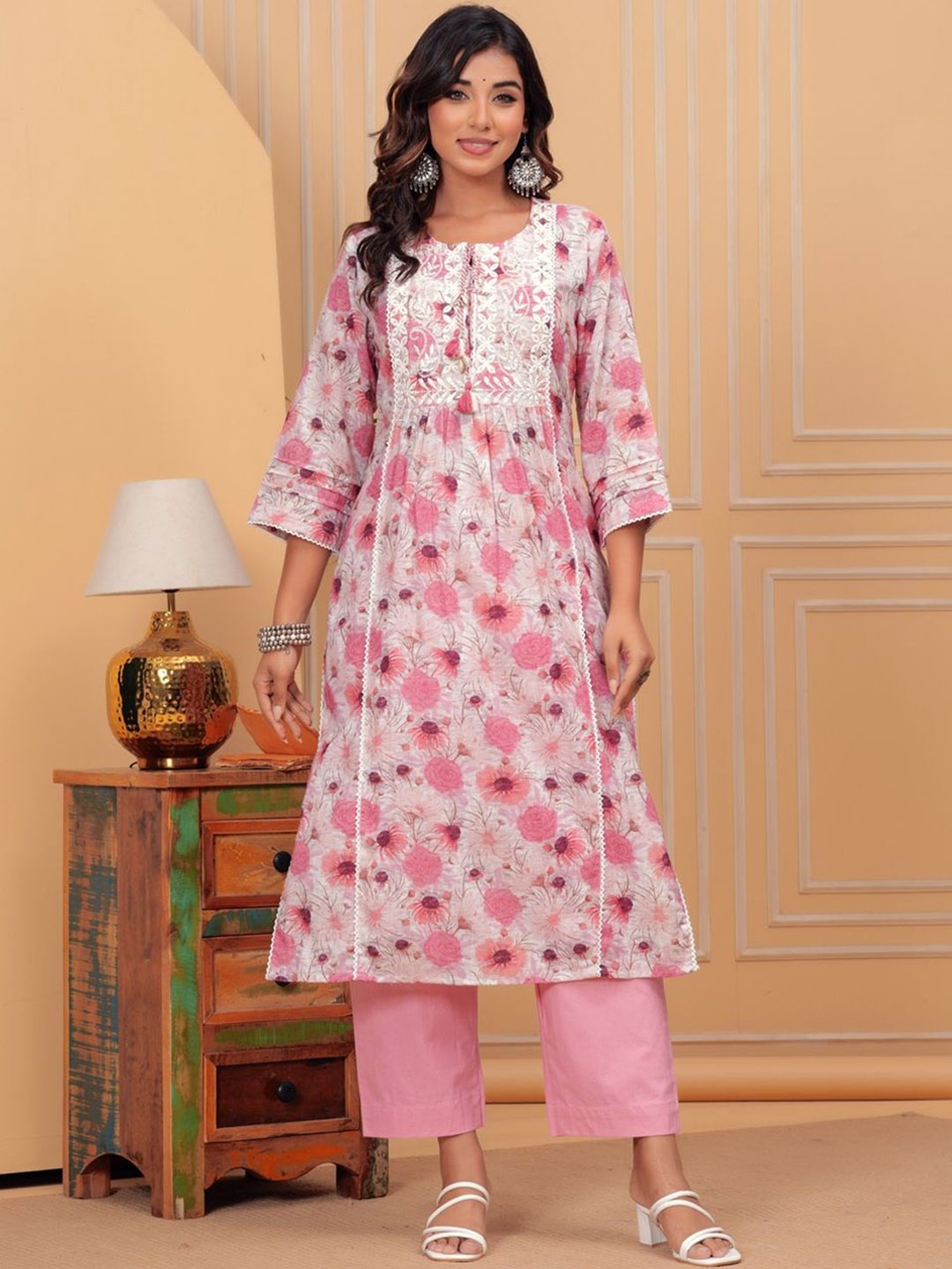 

KALINI Women Floral Printed Regular Beads and Stones Pure Cotton Kurta with Trousers, Pink