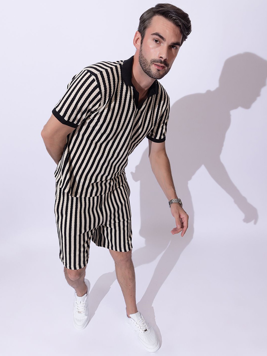 

ARMISTO Men Crochet Striped Resort Co-Ord Set, Black