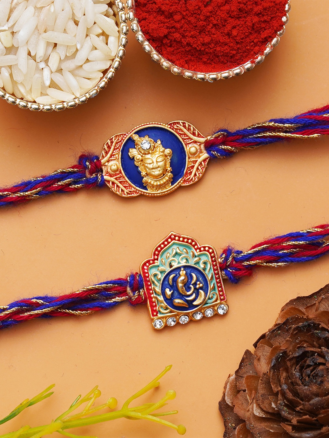 

eCraftIndia Set of 2 Kundan-Studded Designer Rakhis with Roli & Chawal, Blue