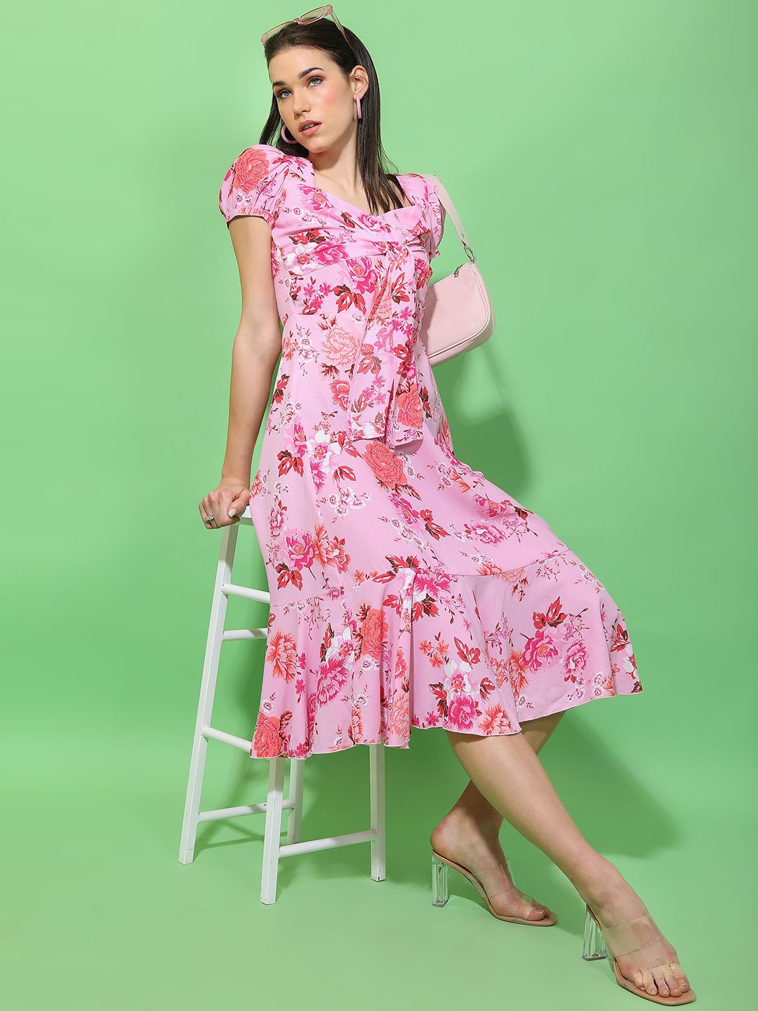 

Tokyo Talkies Floral Print Puff Sleeve A-Line Midi Dress, Pink