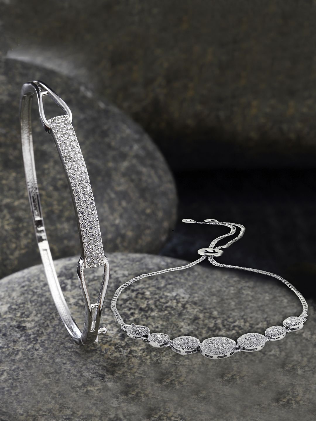 

ZENEME Set Of 2 American Diamond Rhodium-Plated Wraparound Bracelet, Silver