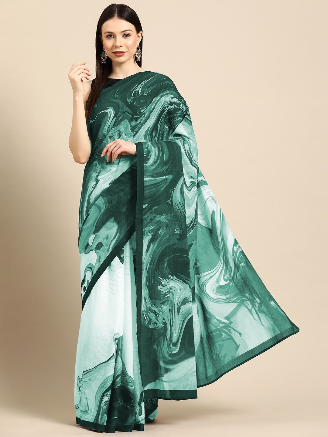 

BUTA BUTI Printed Abstract Pure Cotton Saree, Green