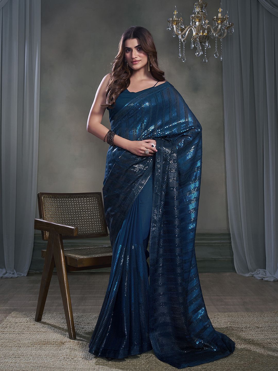 

Inddus Embellished Sequinned Poly Chiffon Saree, Navy blue