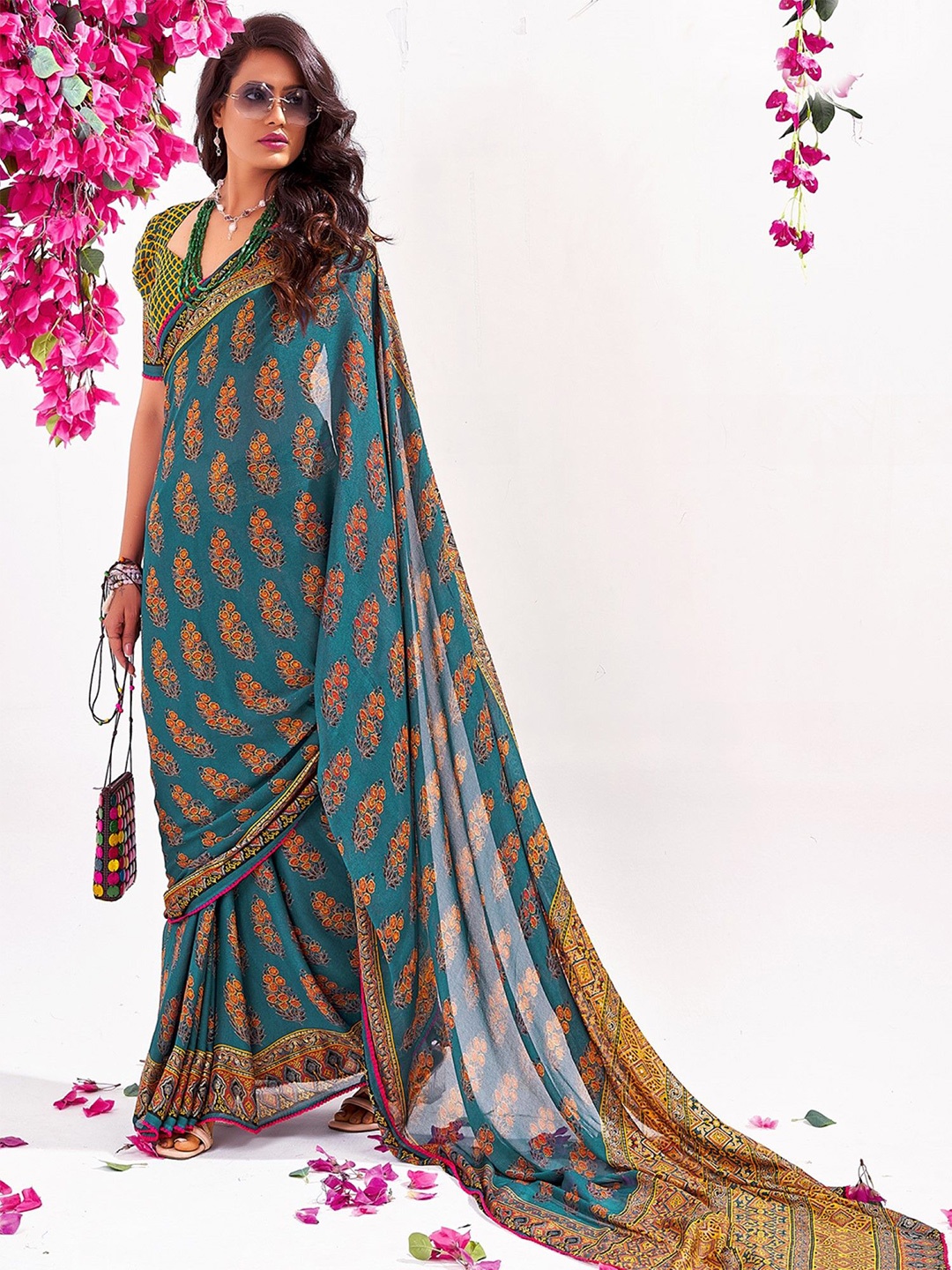 

Mitera Printed Floral Saree, Teal