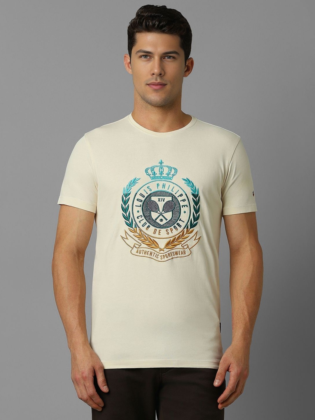 

Louis Philippe Sport Men Typography Printed Applique Slim Fit T-shirt, Beige