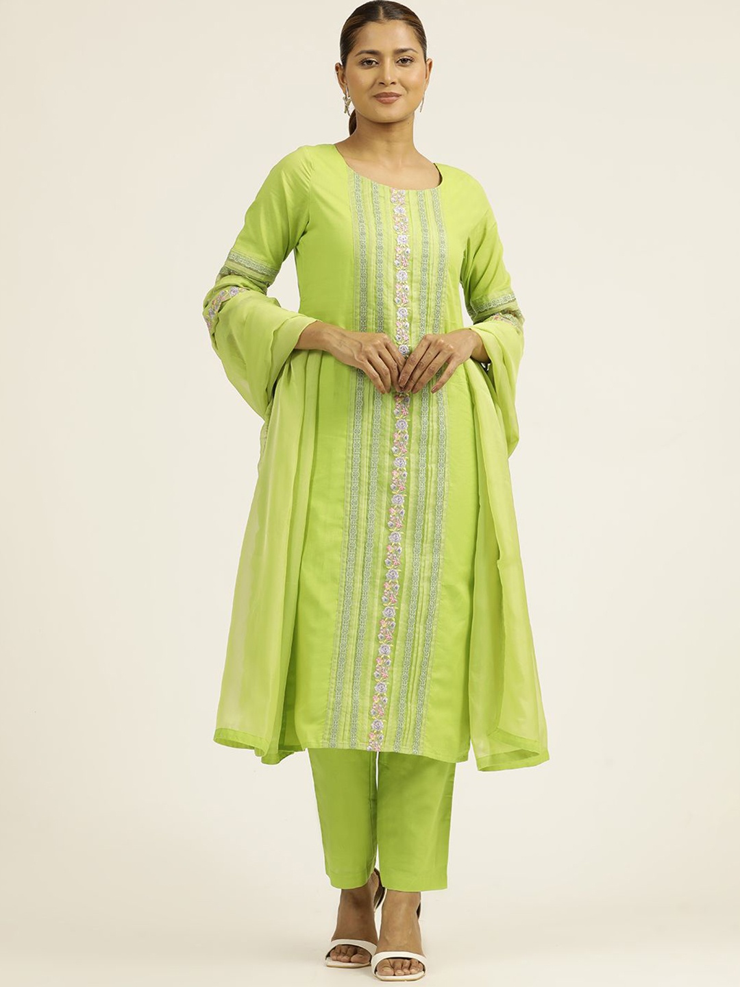 

Jaipur Kurti Embroidered Festive Suit Set, Lime green