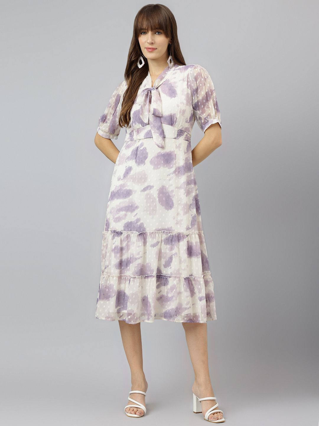 

Latin Quarters Floral Print Tie-Up Neck Slit Sleeve Fit & Flare Midi Dress, White