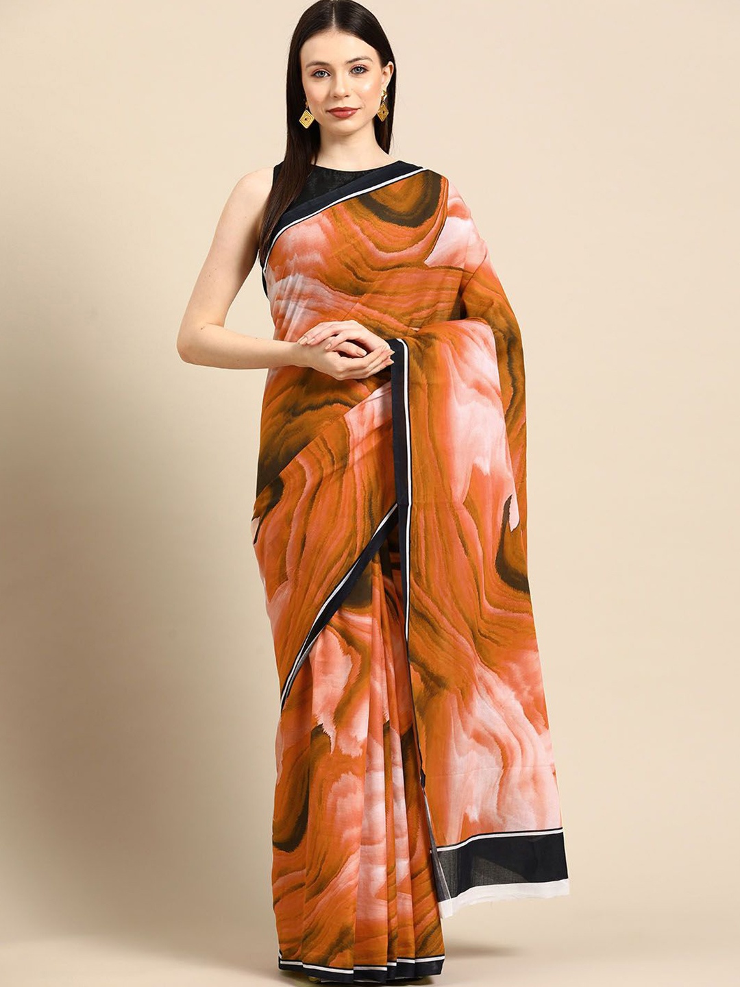 

BUTA BUTI Printed Abstract Pure Cotton Saree, Orange