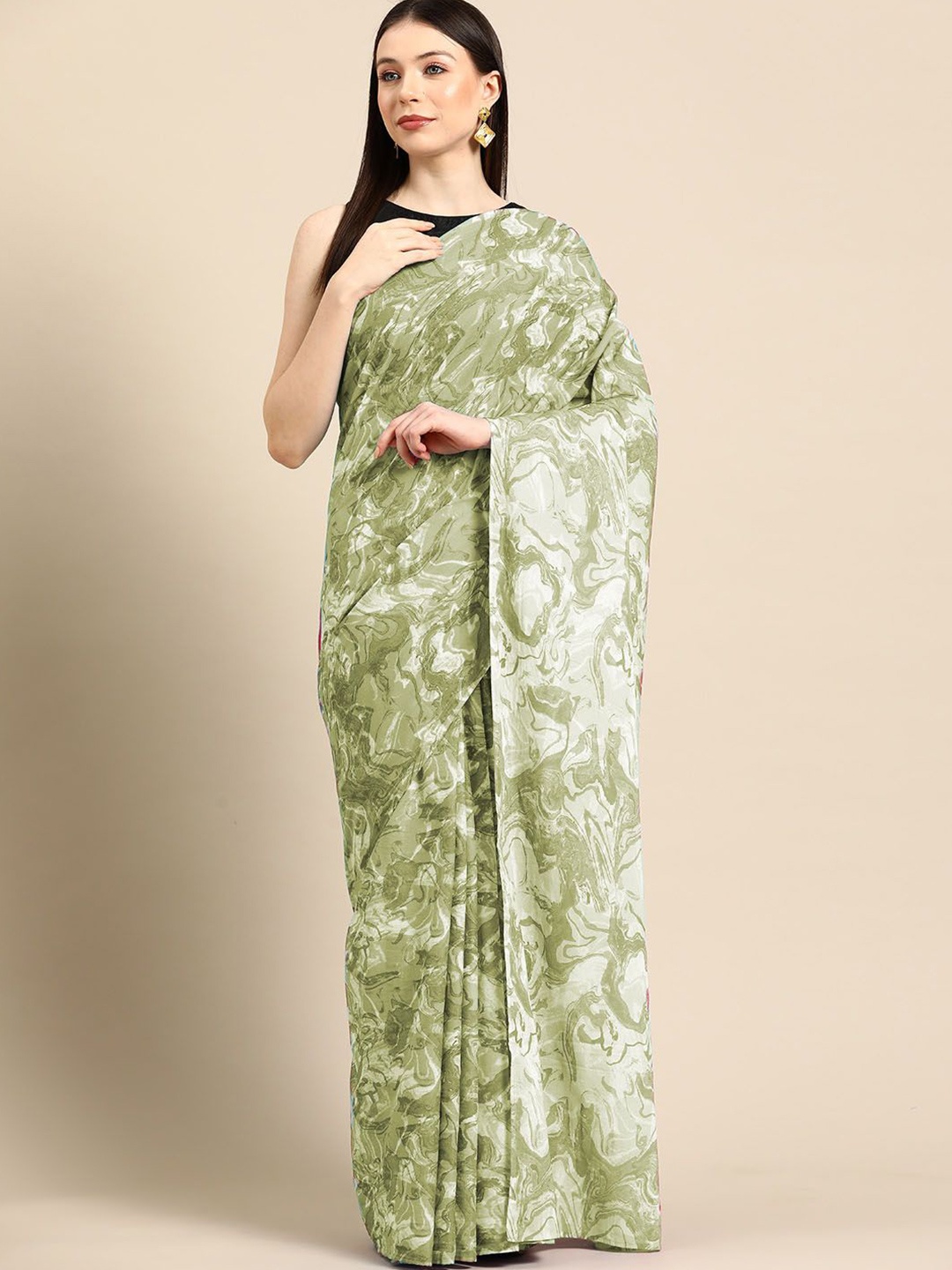 

BUTA BUTI Printed Abstract Pure Cotton Saree, Olive