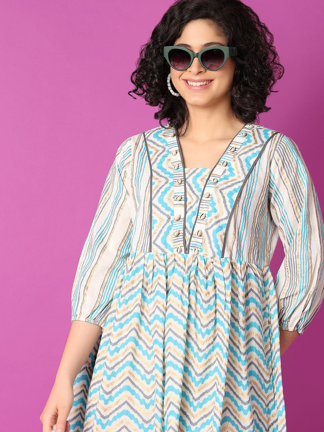 

UNLIMITED Print Puff Sleeve Fit & Flare Dress, Blue