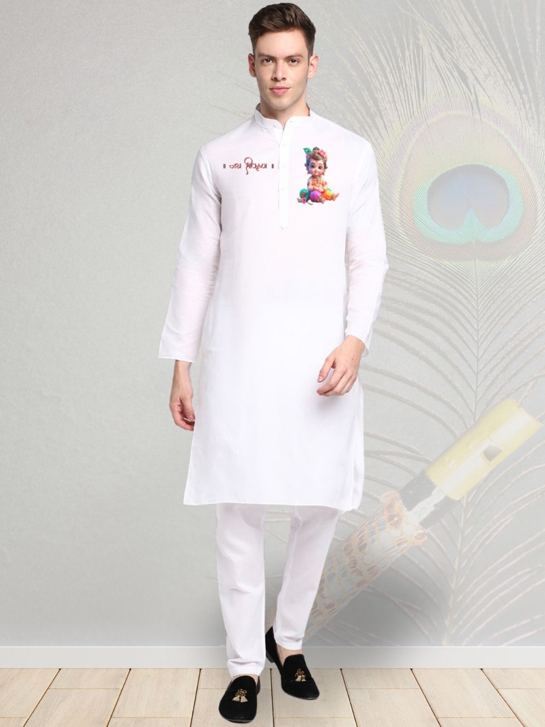 

DEVOILER Men Embroidered Patchwork Block Print Pathani Kurta, White