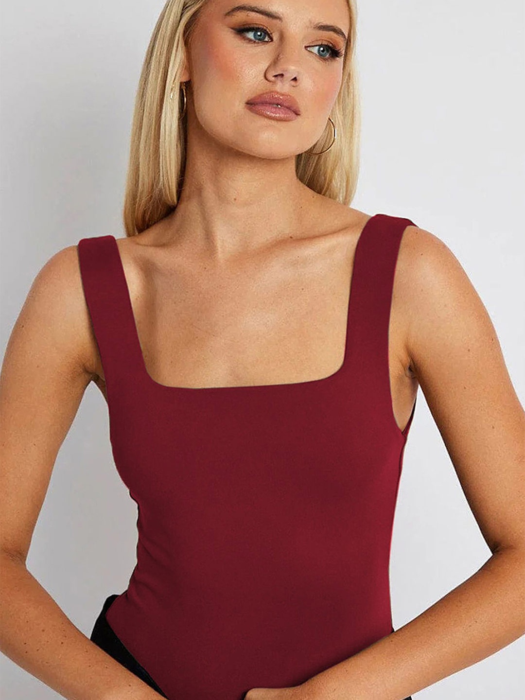 

LULU & SKY Women Solid Square Neck Nylon Top, Maroon