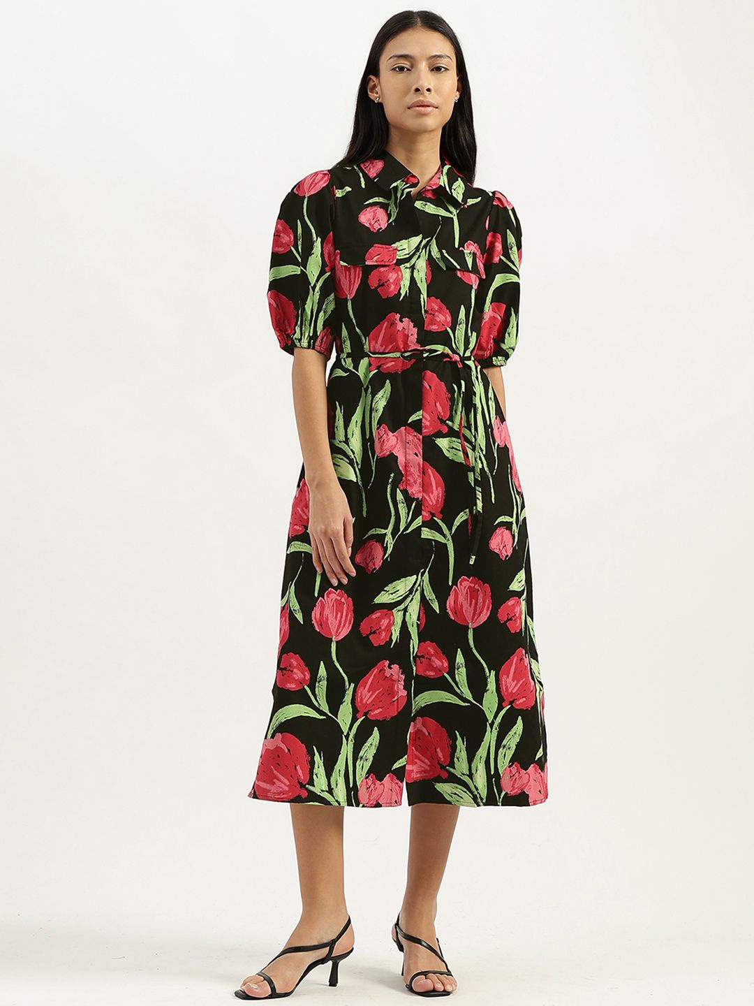 

United Colors of Benetton Puff Sleeve Midi Floral Shirt Dress, Black