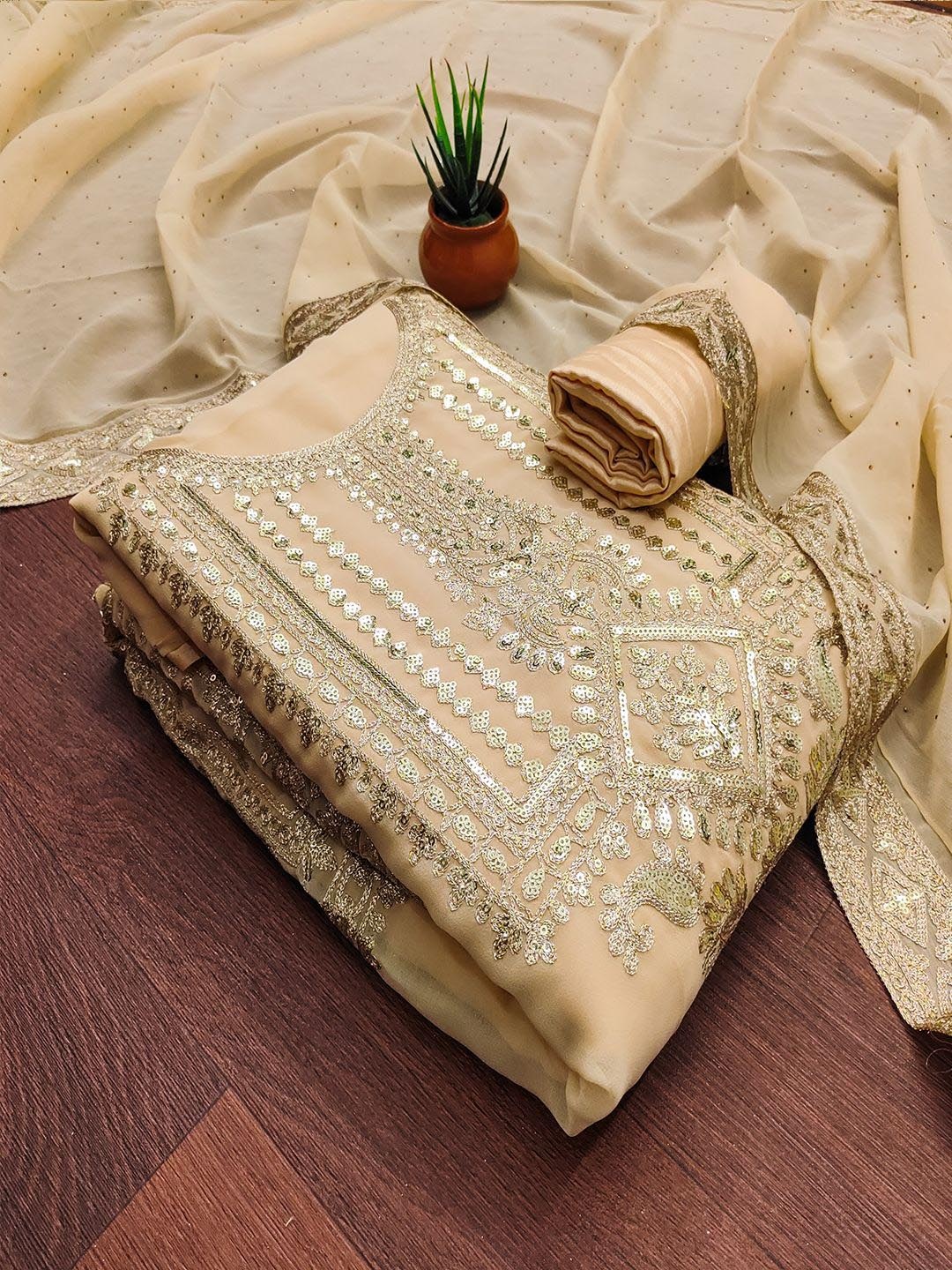 

Lilots Embroidered Unstitched Dress Material, Cream