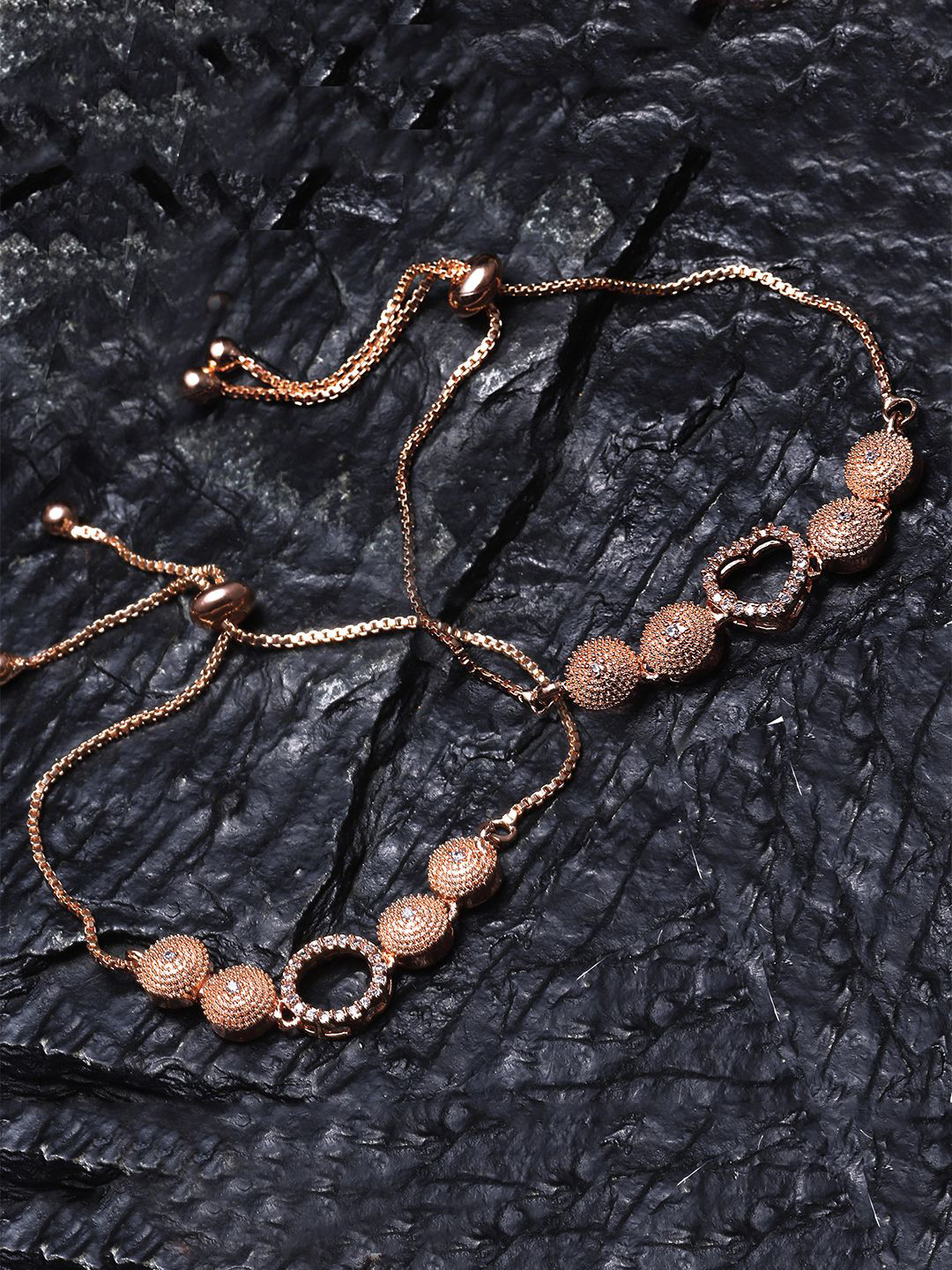 

ZENEME Set Of 2 Brass Cubic Zirconia Rose Gold-Plated Wraparound Bracelet