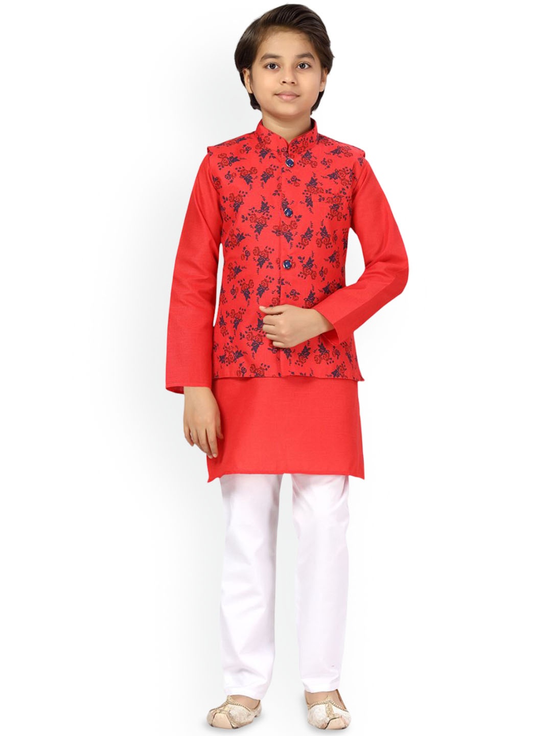 

BAESD Boys Mandarin Collar Pure Cotton Straight Kurta With Pyjamas & Waistcoat, Red