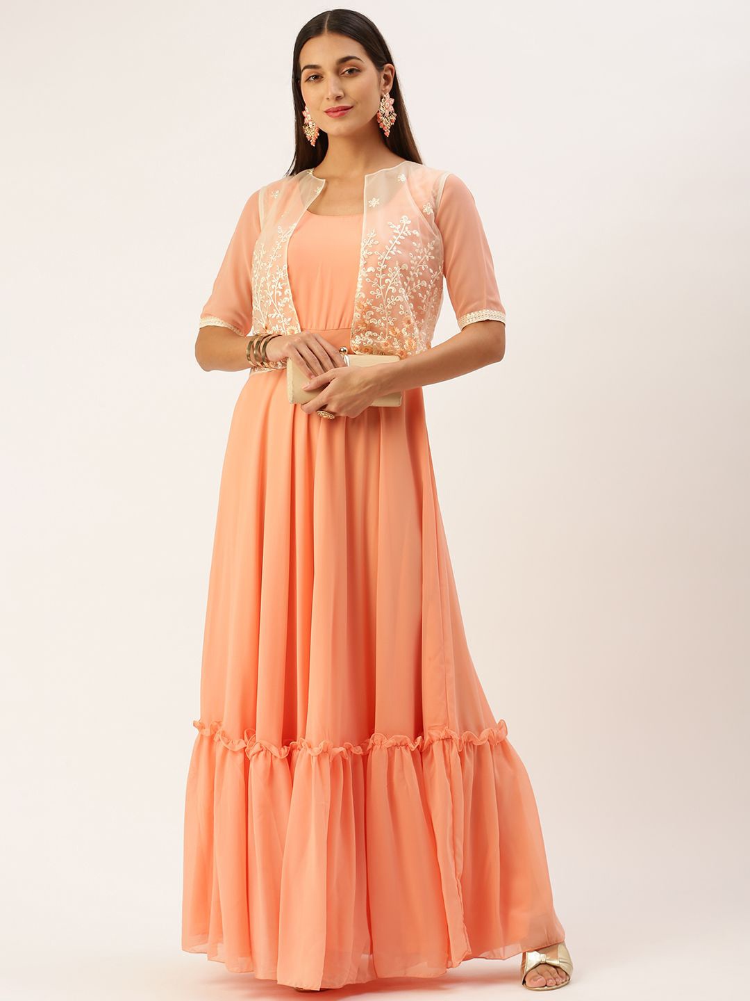 

Ethnovog Women Georgette Round Neck Maxi Dress, Peach