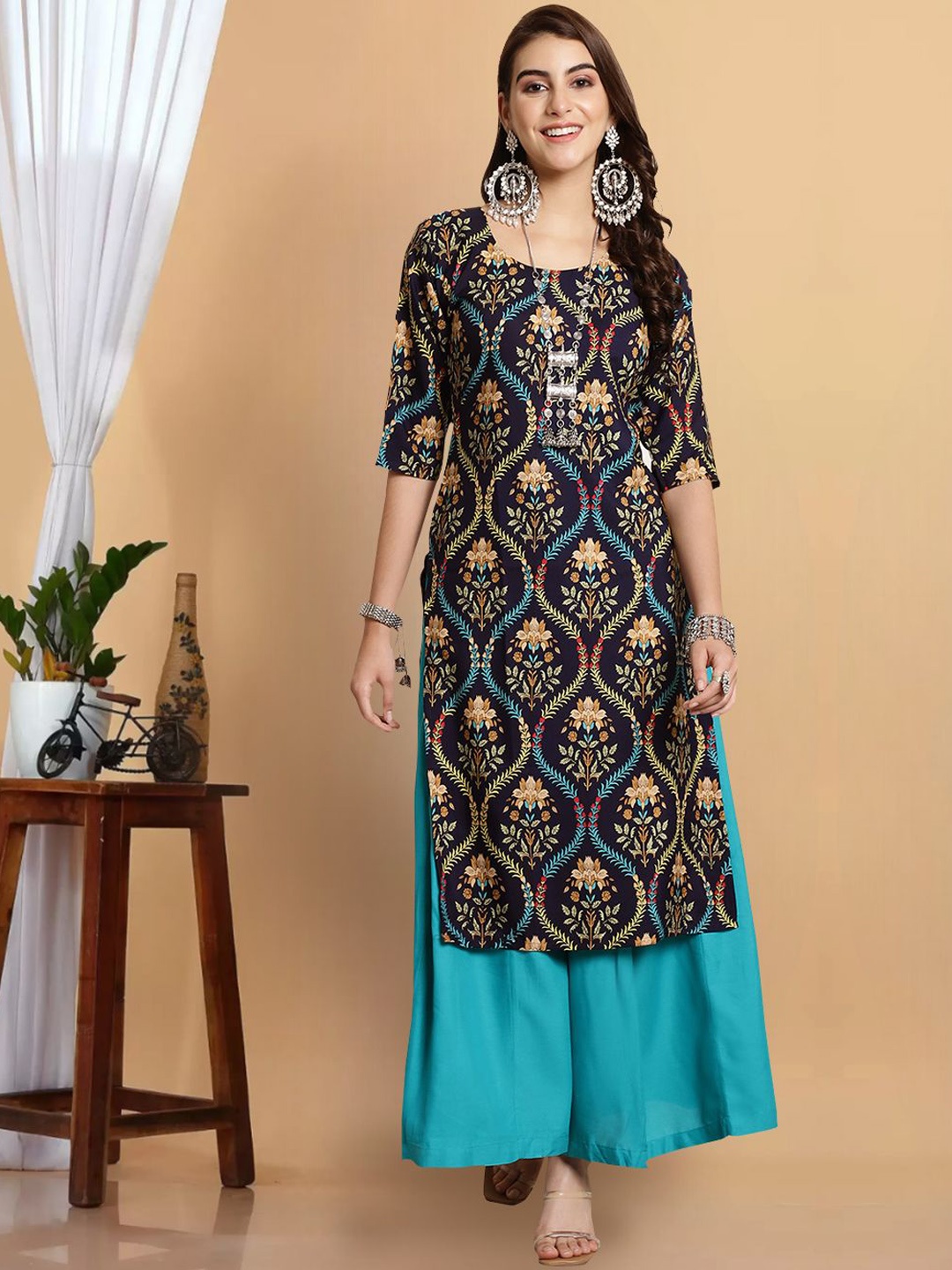 

1 Stop Fashion Ethnic Motifs Printed Round Neck Crepe Straight Kurta, Navy blue