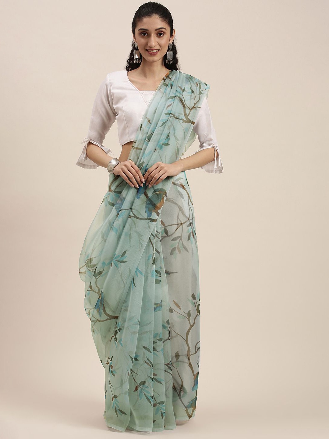 

KIMISHA Ethnic Motifs Organza Saree, Turquoise blue