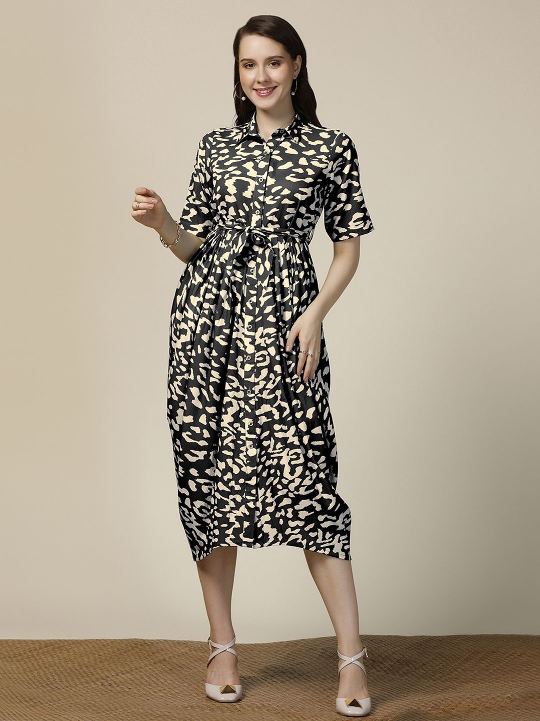

OMPAX Animal Print Shirt Midi Dress, Peach