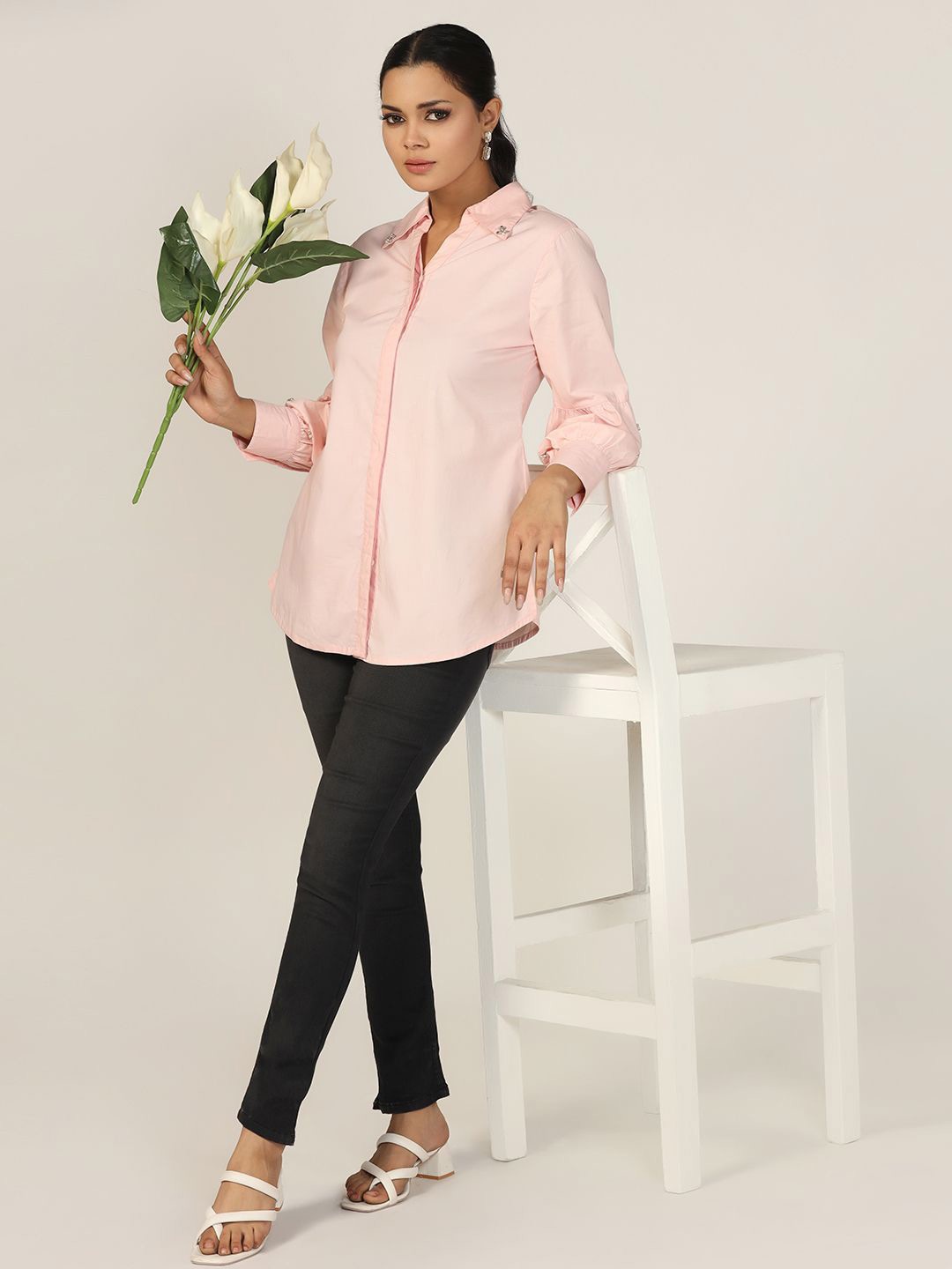 

Mustard Women Cutaway Collar Solid Organic Cotton Casual Shirt, Peach