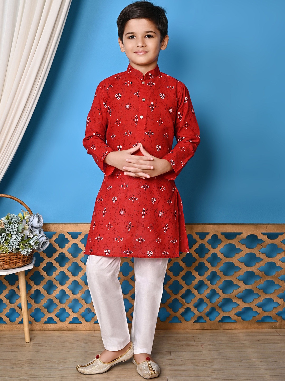 

BAESD Boys Floral Printed Regular Pure Cotton Kurta with Pyjamas, Red
