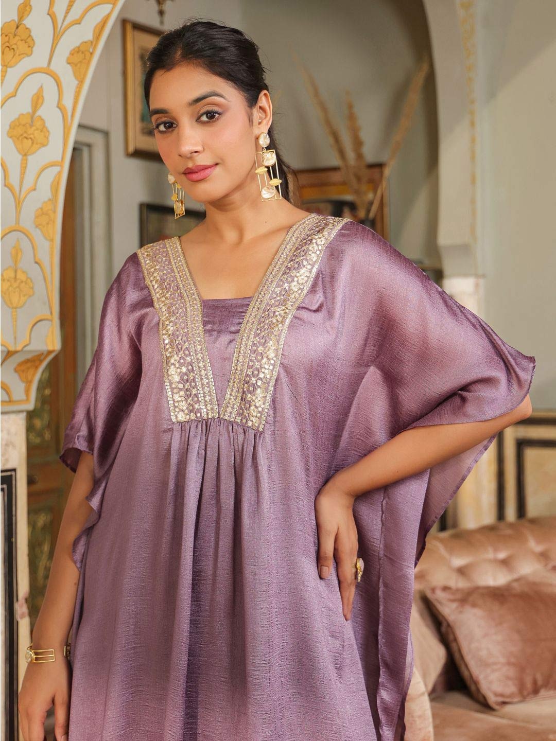 

Janasya Embroidered Tunic With Trousers Co-Ords, Lavender