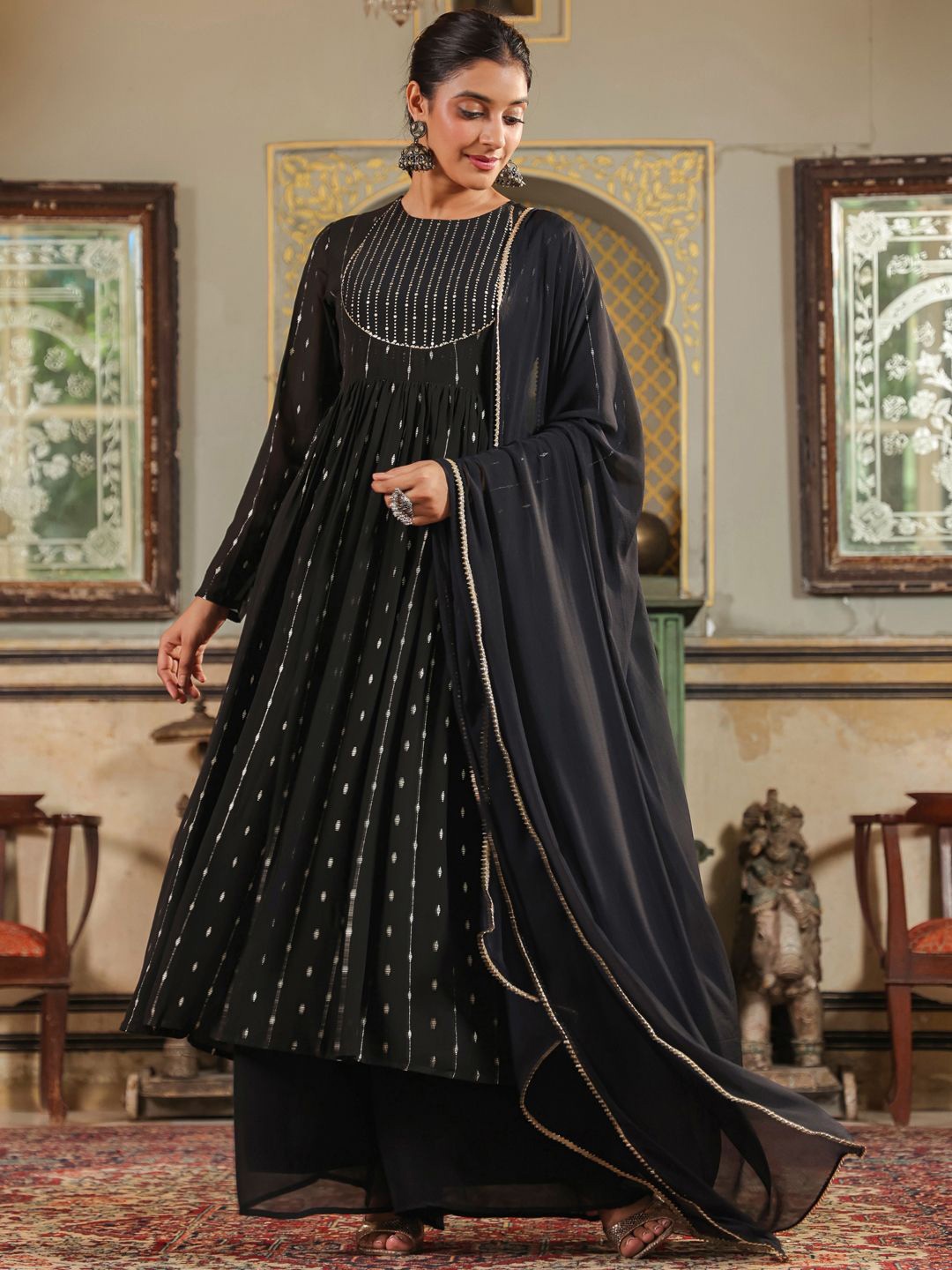 

Janasya Geometric Printed Georgette Anarkali Kurta with Palazzo & Dupatta, Black