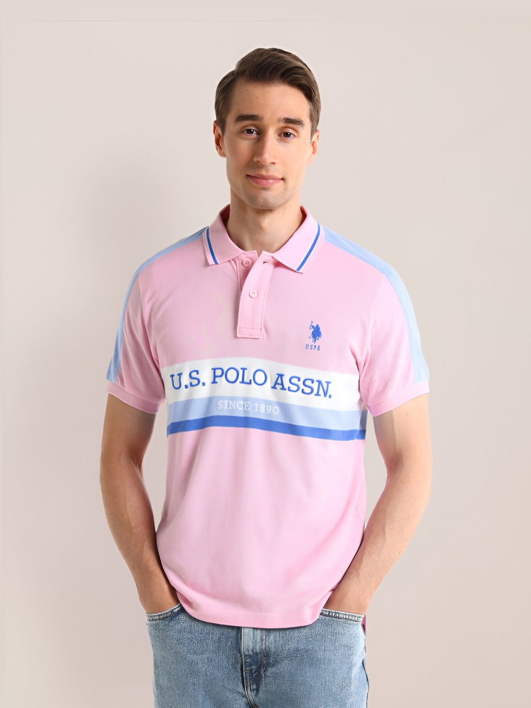 

U.S. Polo Assn. Men Typography Striped Polo Collar Slim Fit T-shirt, Pink