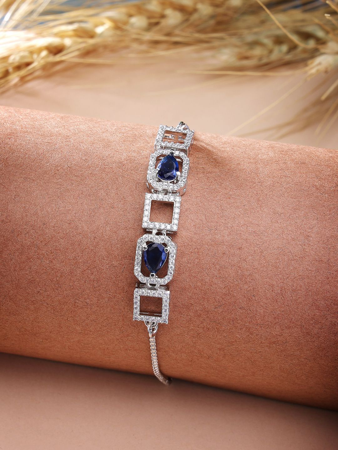 

ZENEME Brass American Diamond Rhodium-Plated Wraparound Bracelet, Silver