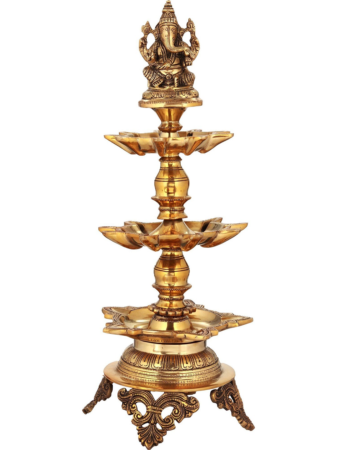 

Exotic India 22" Lord Ganesha On Miniscule Lotus Pedestal Lamp In Brass - Made In India, Gold