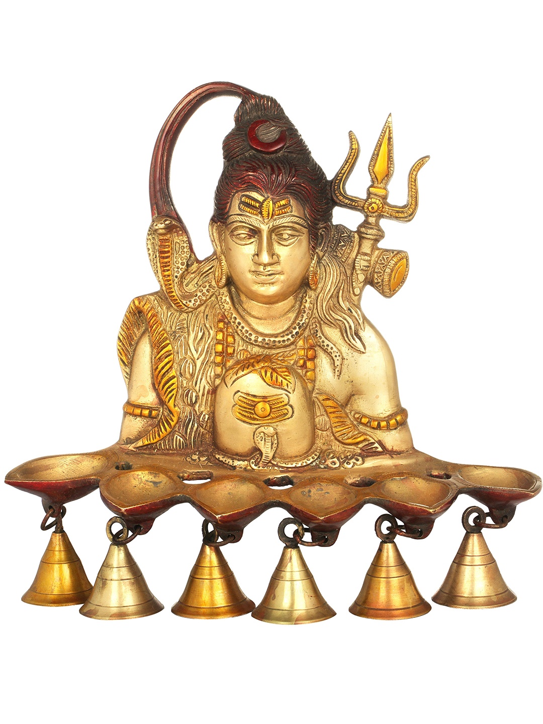 

Exotic India 12" Brass Six Wicks Shiva Puja Lamp Wall Hanging with Bells, Gold