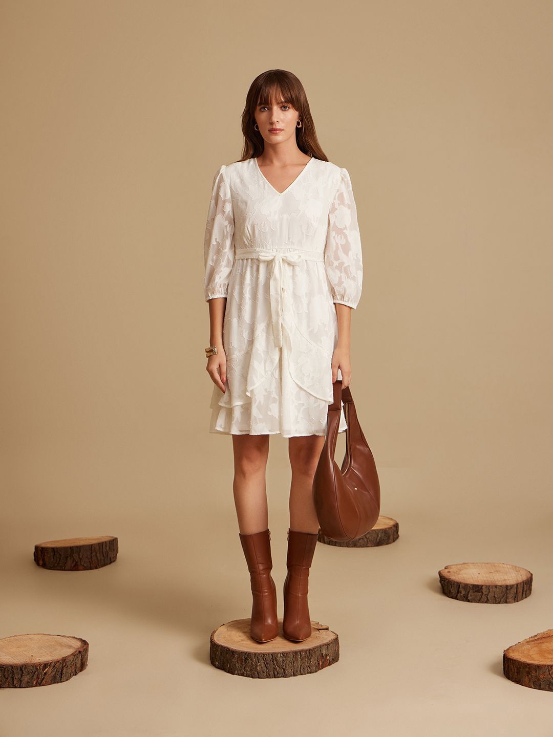 

Kazo Puff Sleeve Satin A-Line Dress, White