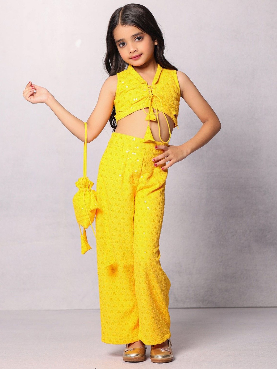 

Futra Gabha Girls Embellished Top with Trousers, Yellow