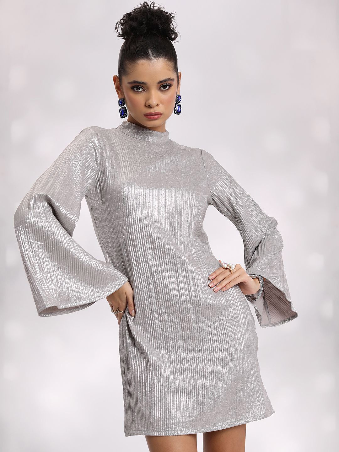

Tokyo Talkies Striped Bell Sleeve A-Line Midi Dress, Silver